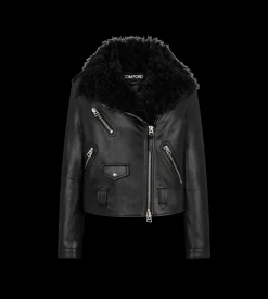 ASYMMETRIC LEATHER BIKER JACKET WITH SHEARLING