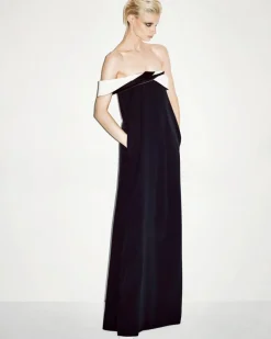 CREPE SATIN DRAPED ASYMMETRIC EVENING DRESS