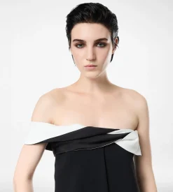 CREPE SATIN DRAPED ASYMMETRIC EVENING DRESS