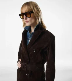 DOUBLE BREASTED BELTED SUEDE COAT