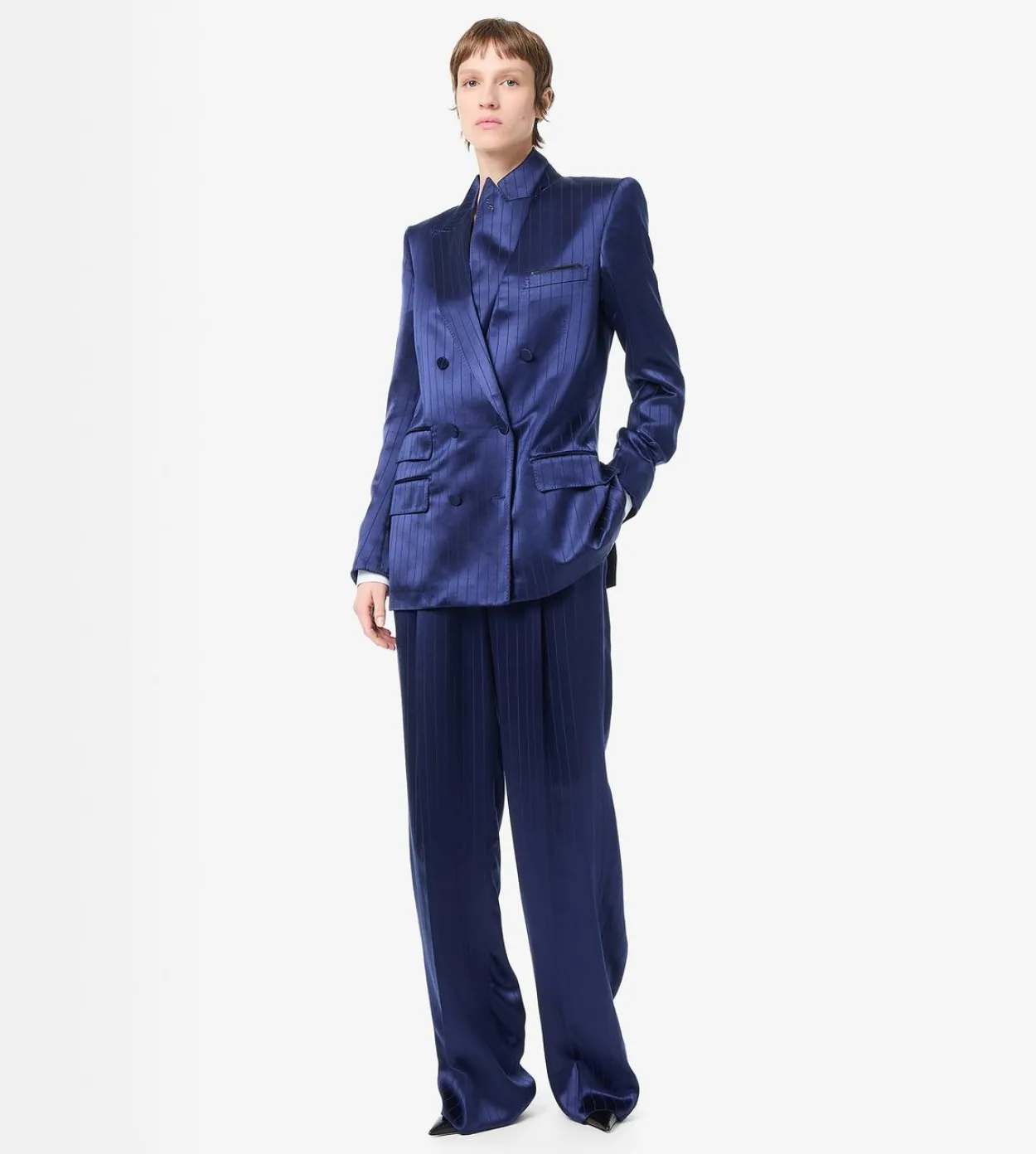 DOUBLE BREASTED PEAK LAPEL STRIPED JACKET