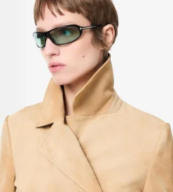 DOUBLE BREASTED SUEDE TRENCH COAT WITH SELF BELT