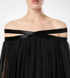 EMBROIDERED SILK CHIFFON OFF THE SHOULDER EVENING DRESS