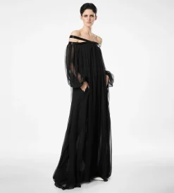 EMBROIDERED SILK CHIFFON OFF THE SHOULDER EVENING DRESS