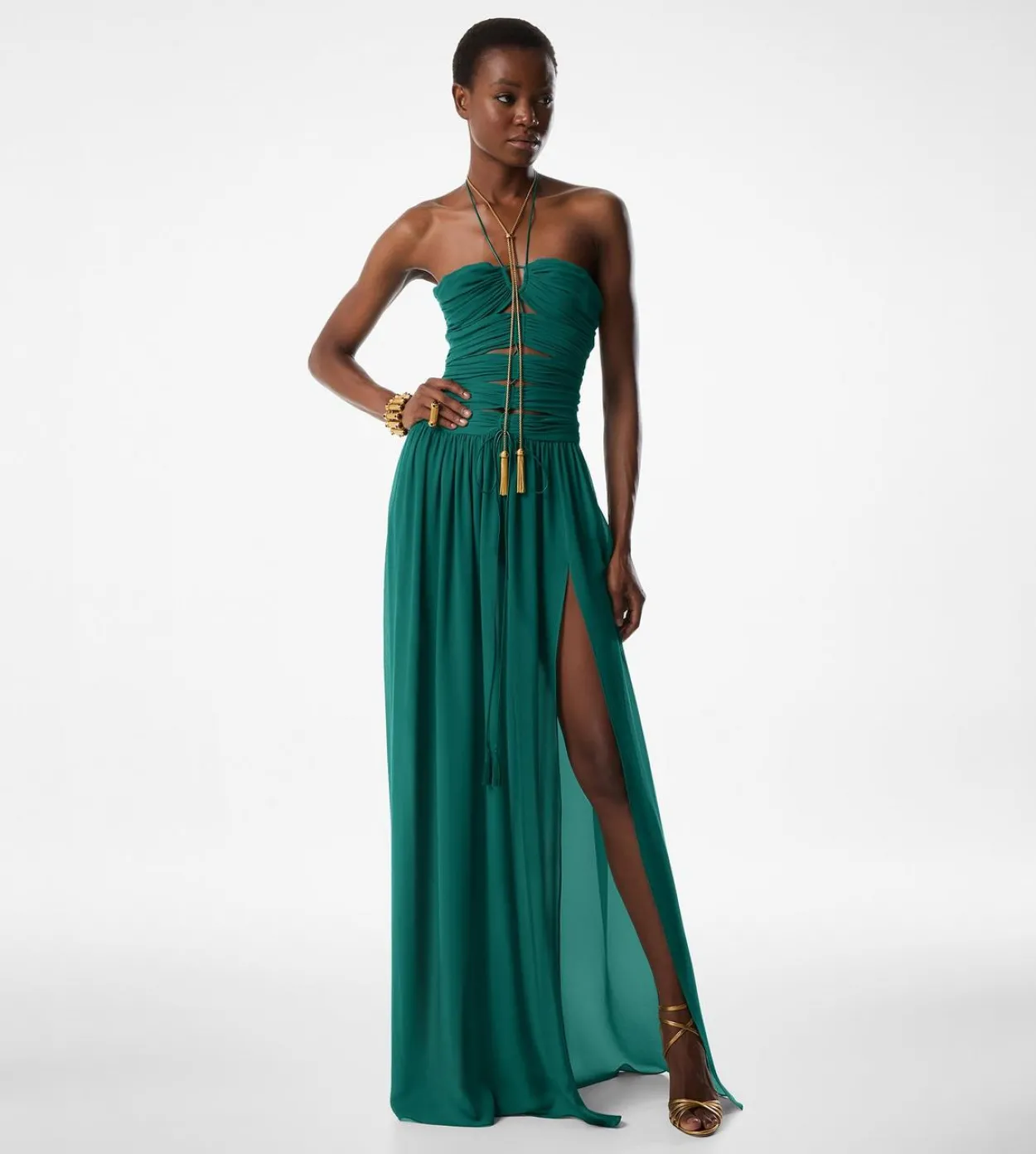 EVENING DRESS WITH DRAWSTRINGS AND CUT OUT DETAILS