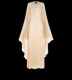 EVENING DRESS WITH KEYHOLE NECKLINE AND ASYMMETRIC CAPE