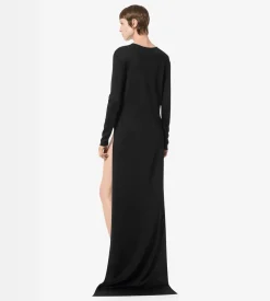 FINE KNIT CREWNECK EVENING DRESS WITH HIGH LEG SIDE SLASHES