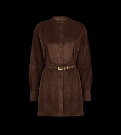FULL GRAIN LAMB SUEDE BELTED PLASTRON MINI SHIRT DRESS