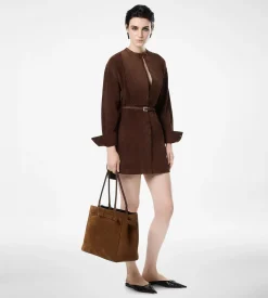 FULL GRAIN LAMB SUEDE BELTED PLASTRON MINI SHIRT DRESS
