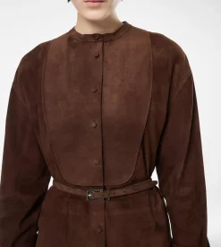 FULL GRAIN LAMB SUEDE BELTED PLASTRON MINI SHIRT DRESS
