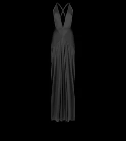 HALTERNECK DEEP V-NECK EVENING DRESS WITH SIDE SLITS