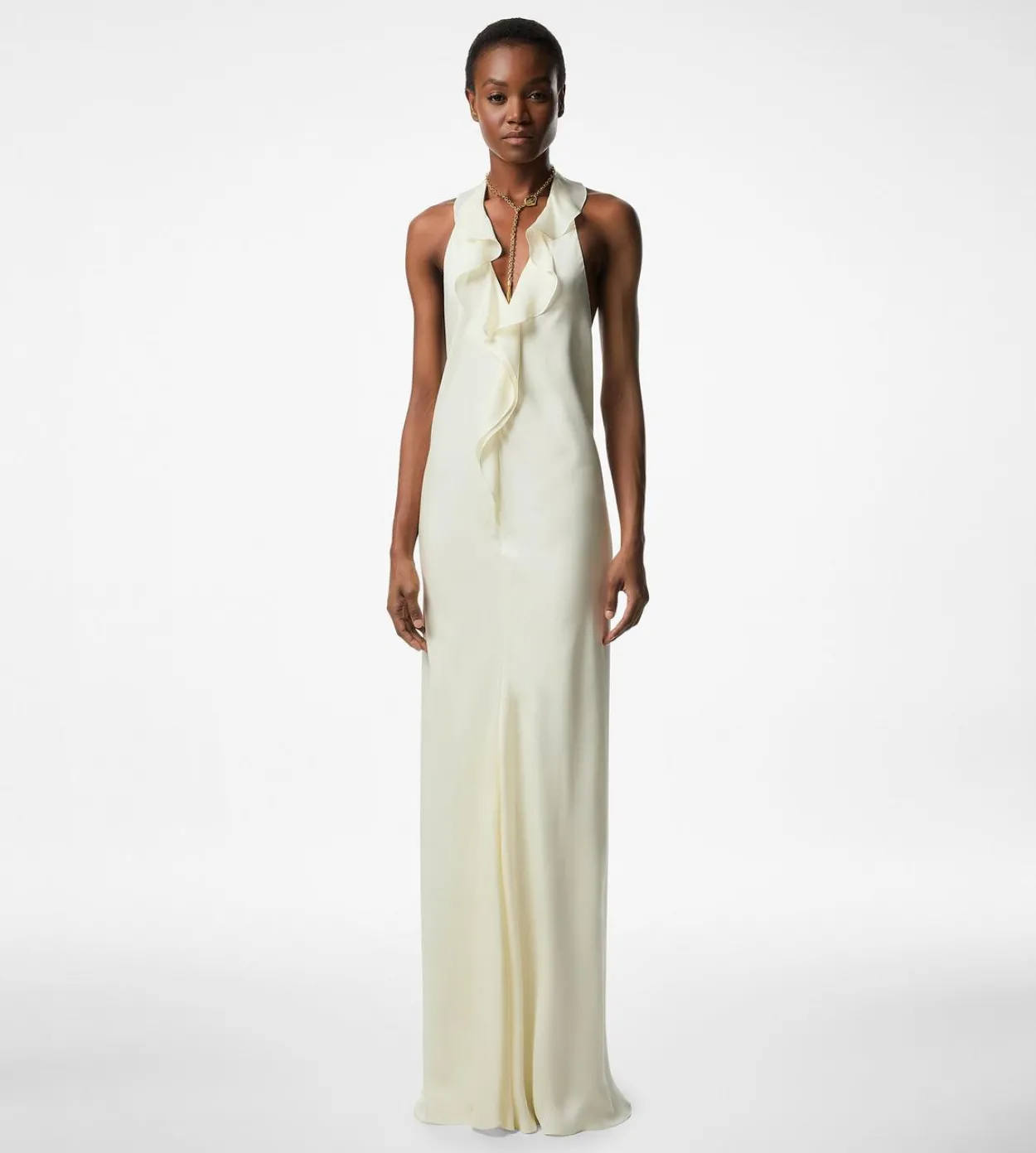 HALTERNECK EVENING DRESS WITH RUFFLE DETAIL