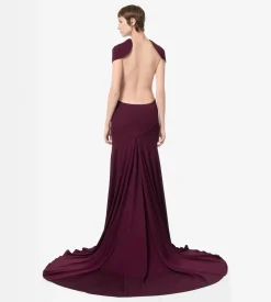 IMPOSSIBLE BACKLESS CAP SLEEVE EVENING DRESS WITH TRAIN