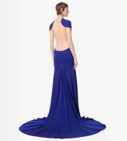 IMPOSSIBLE BACKLESS CAP SLEEVE EVENING DRESS WITH TRAIN