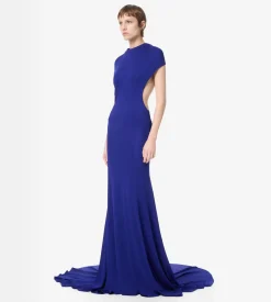 IMPOSSIBLE BACKLESS CAP SLEEVE EVENING DRESS WITH TRAIN