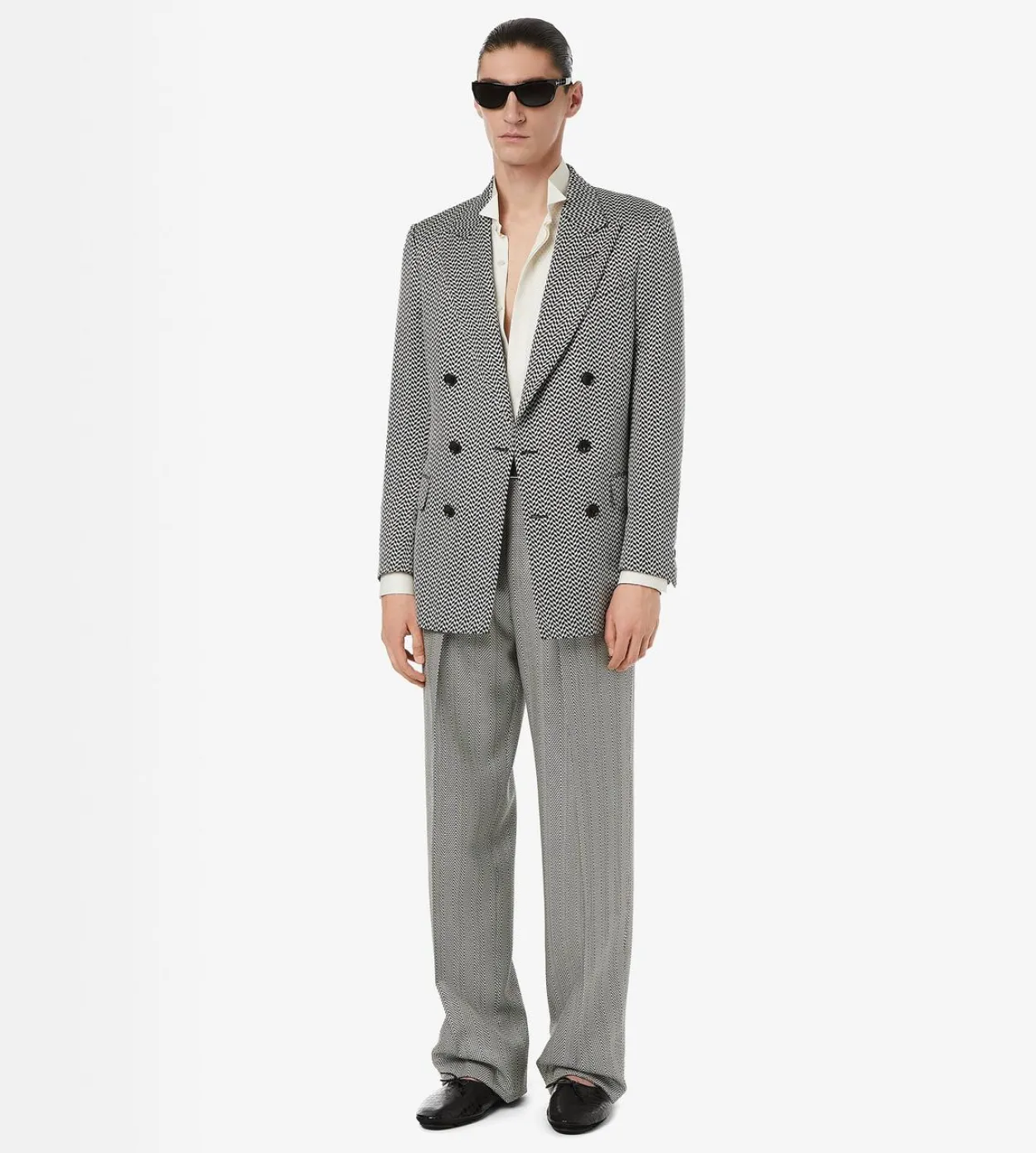 JACQUARD SHARKSKIN HERRINGBONE DOUBLE PLEAT PANT