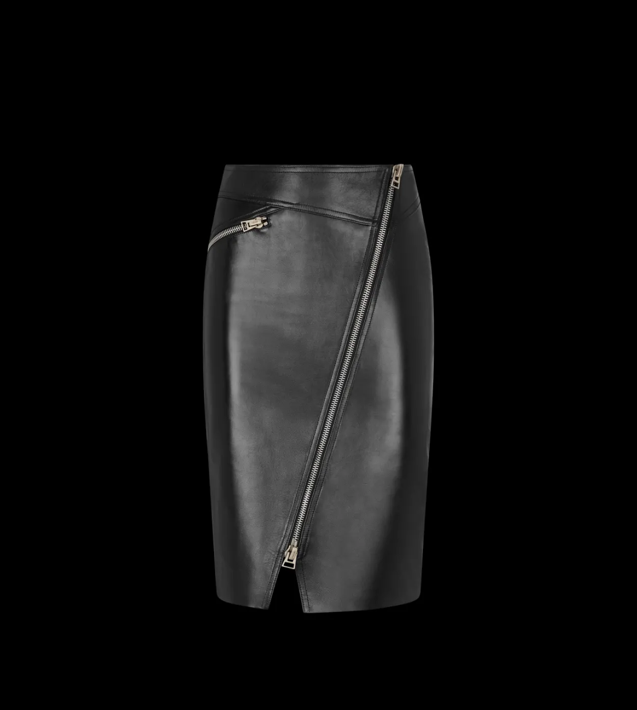 KNEE-LENGTH DIAGONAL ZIP LEATHER SKIRT