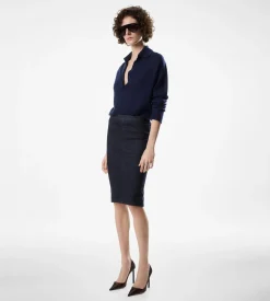KNEE-LENGTH TAILORED DENIM SKIRT