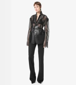 LEATHER AND LACE SINGLE BREASTED NOTCH LAPEL JACKET
