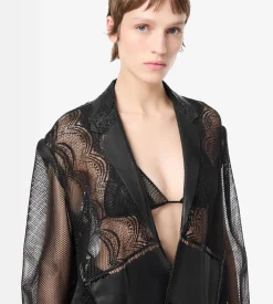 LEATHER AND LACE SINGLE BREASTED NOTCH LAPEL JACKET