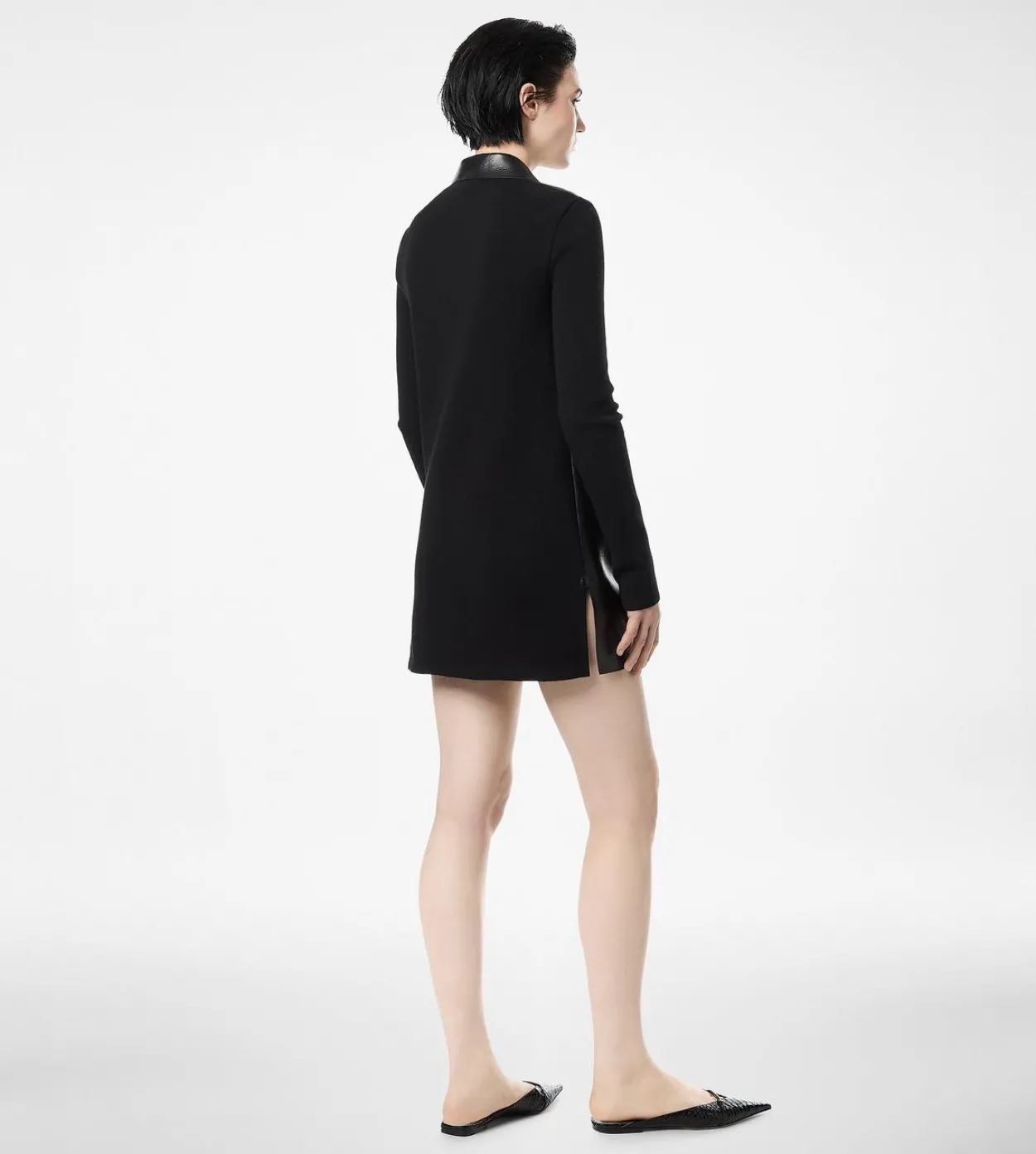 LEATHER AND WOOL BLEND KNIT POLO MINI DRESS