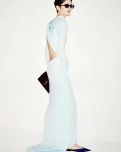 LONG SLEEVE ASYMMETRIC EVENING DRESS WITH TWISTED BACK