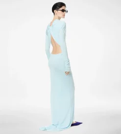 LONG SLEEVE ASYMMETRIC EVENING DRESS WITH TWISTED BACK