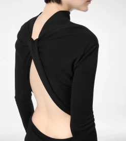 LONG SLEEVE ASYMMETRIC EVENING DRESS WITH TWISTED BACK