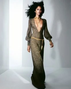 LONG V-NECK DRESS WITH OPEN BACK