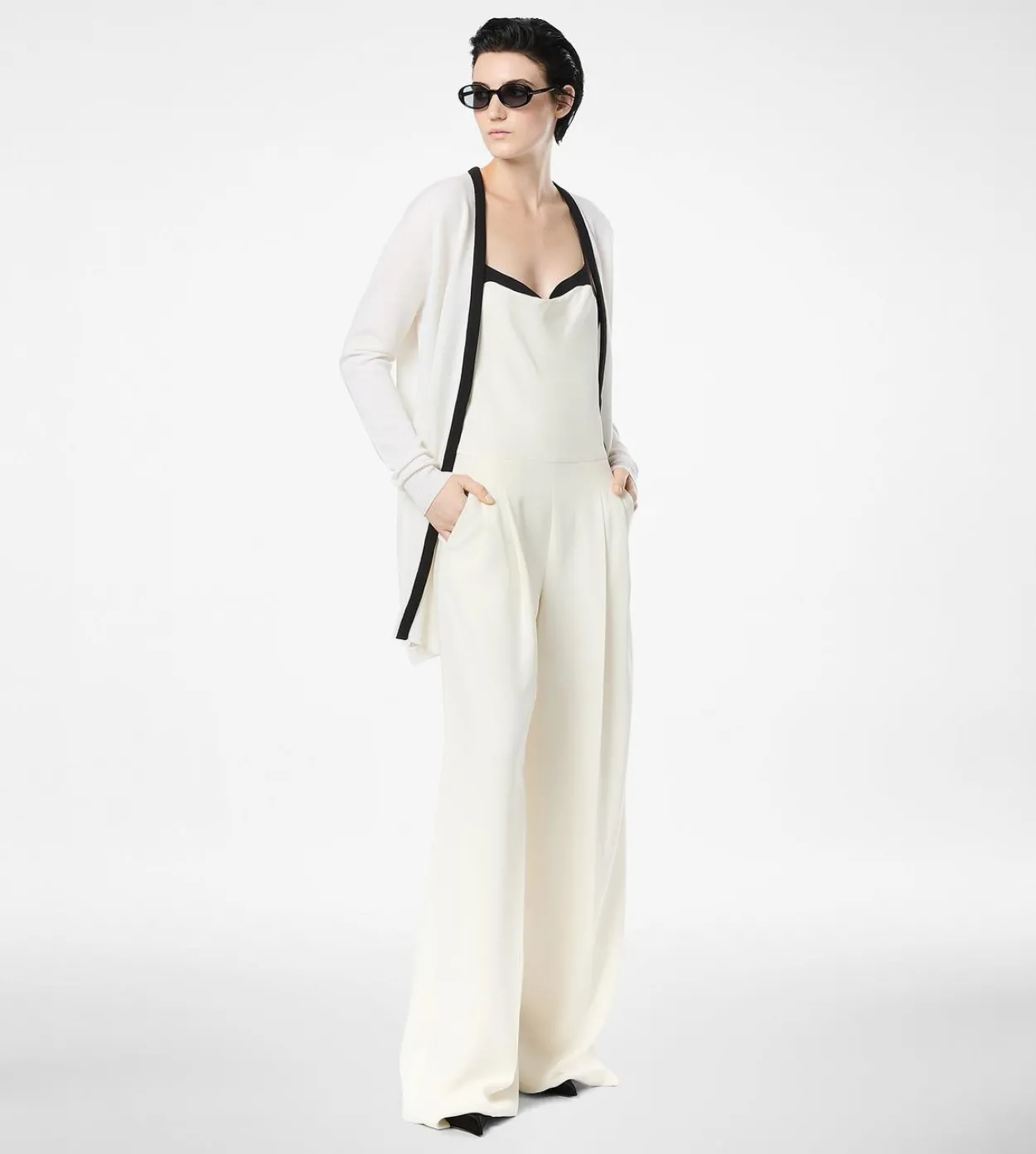 MERINO PIQUE MID-LENGTH OPEN CARDIGAN WITH SATIN TRIMS