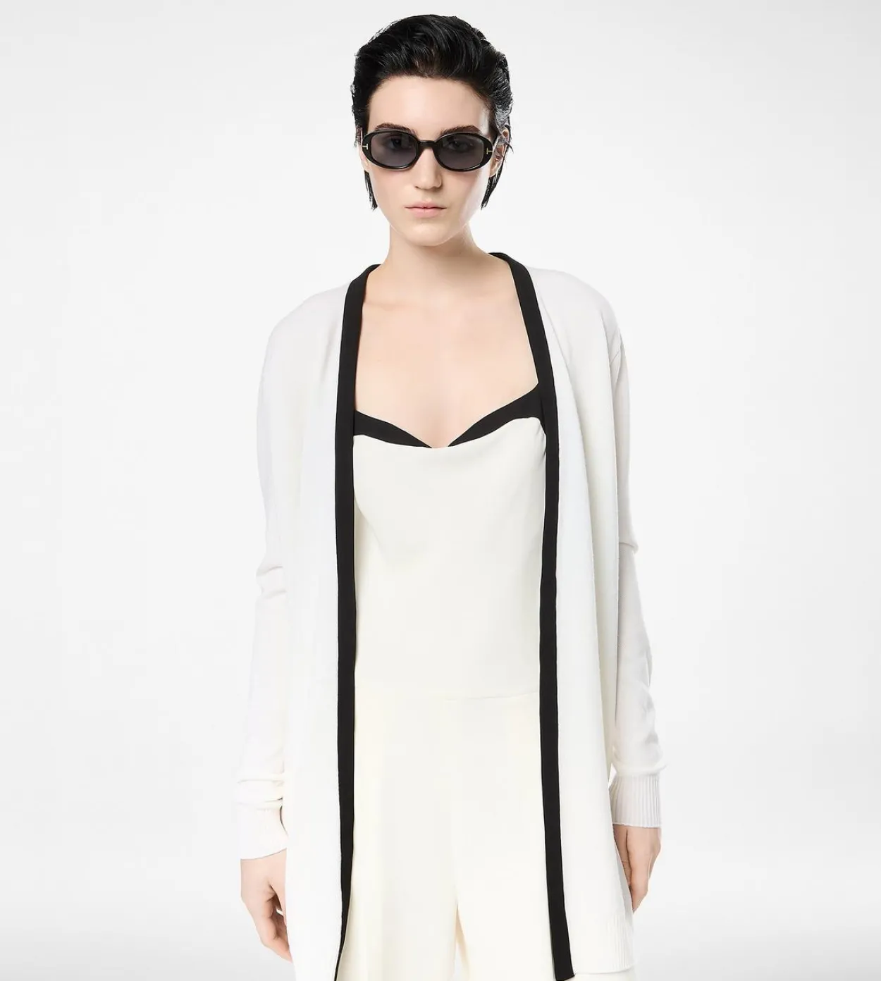 MERINO PIQUE MID-LENGTH OPEN CARDIGAN WITH SATIN TRIMS