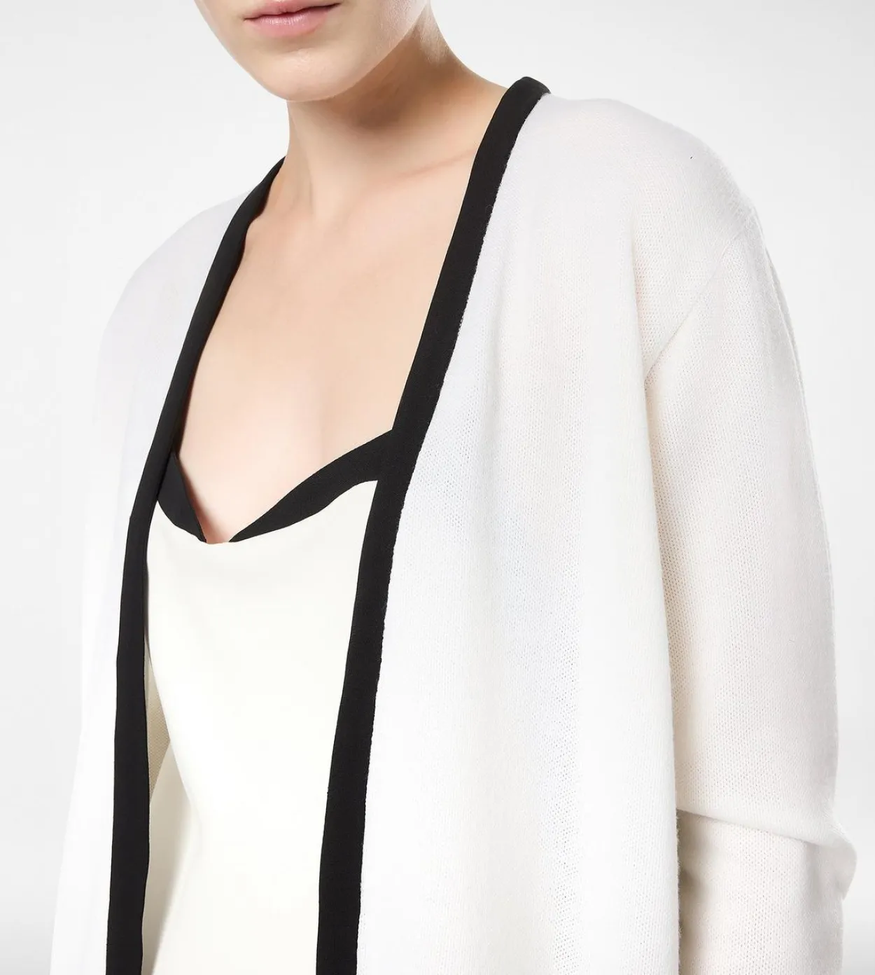 MERINO PIQUE MID-LENGTH OPEN CARDIGAN WITH SATIN TRIMS