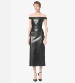 OFF THE SHOULDER SILKY GUANTERIA LEATHER DRESS