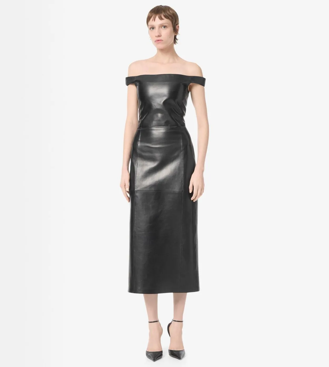 OFF THE SHOULDER SILKY GUANTERIA LEATHER DRESS