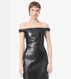 OFF THE SHOULDER SILKY GUANTERIA LEATHER DRESS