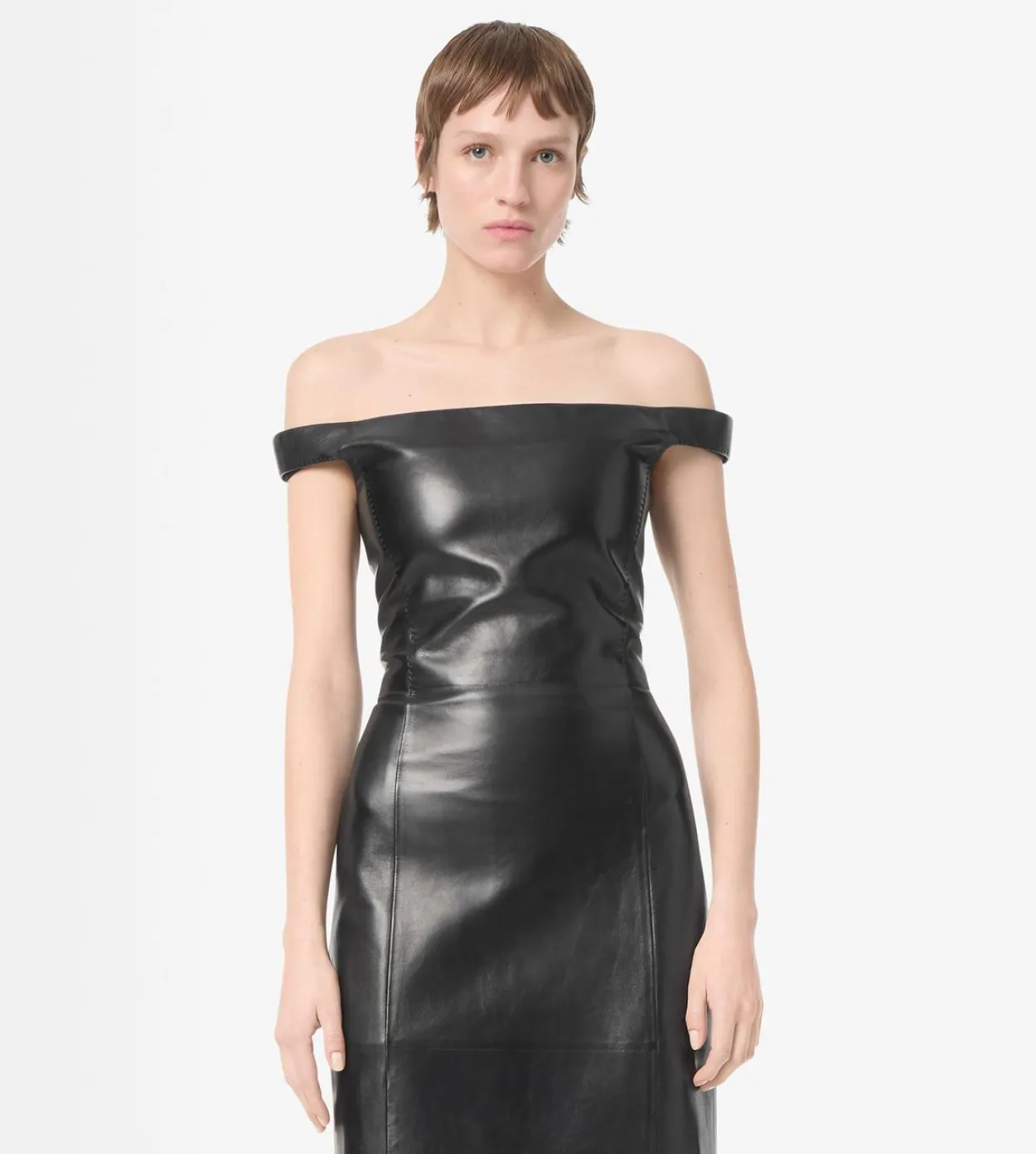 OFF THE SHOULDER SILKY GUANTERIA LEATHER DRESS