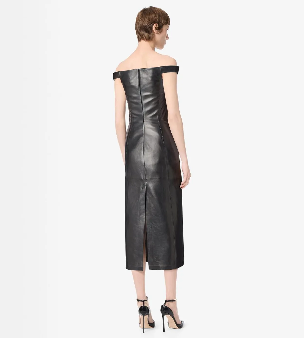 OFF THE SHOULDER SILKY GUANTERIA LEATHER DRESS