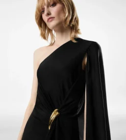 ONE SHOULDER EVENING DRESS WITH CAPE AND LIZA HARDWARE DETAIL