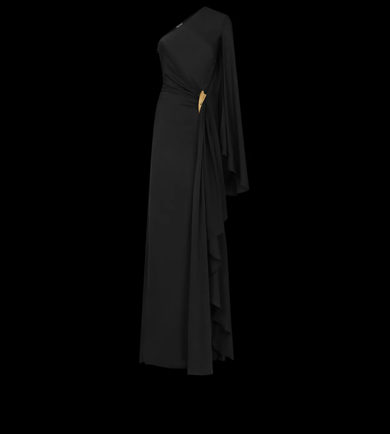 ONE SHOULDER EVENING DRESS WITH CAPE AND LIZA HARDWARE DETAIL