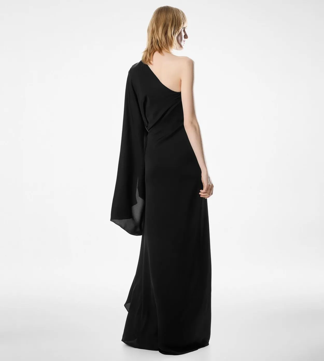 ONE SHOULDER EVENING DRESS WITH CAPE AND LIZA HARDWARE DETAIL