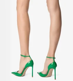 PATENT LEATHER VERTIGO ANKLE STRAP PUMP