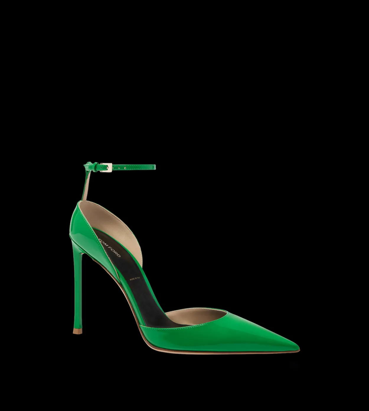 PATENT LEATHER VERTIGO ANKLE STRAP PUMP