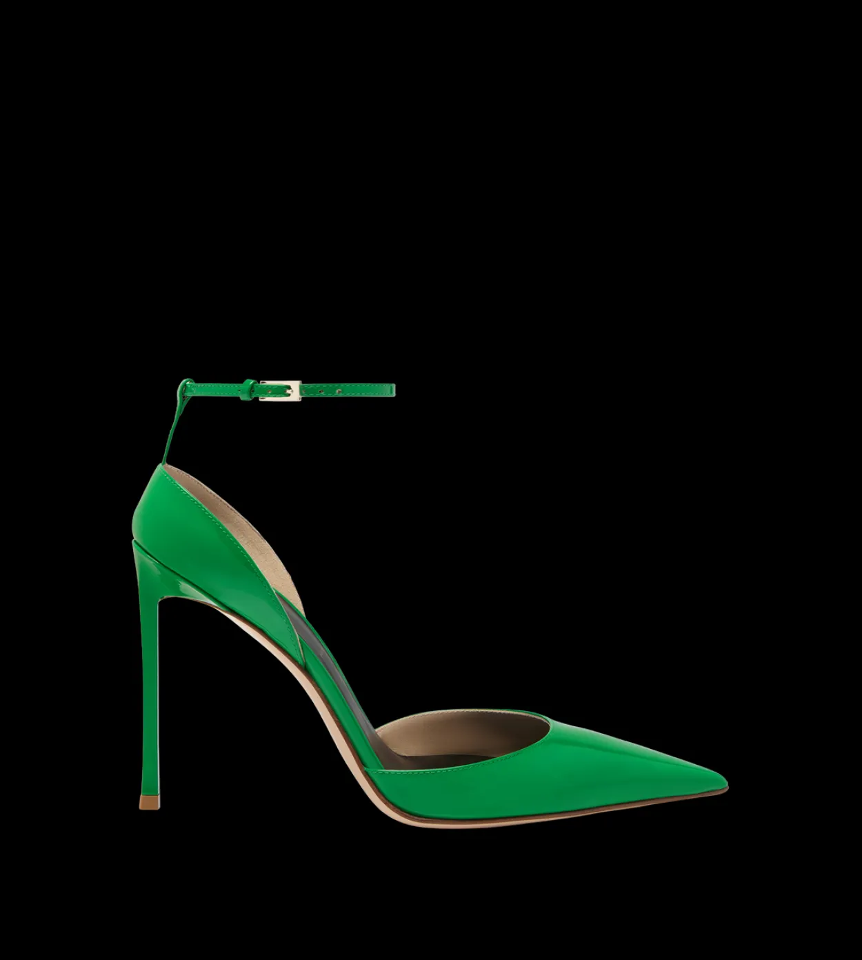 PATENT LEATHER VERTIGO ANKLE STRAP PUMP