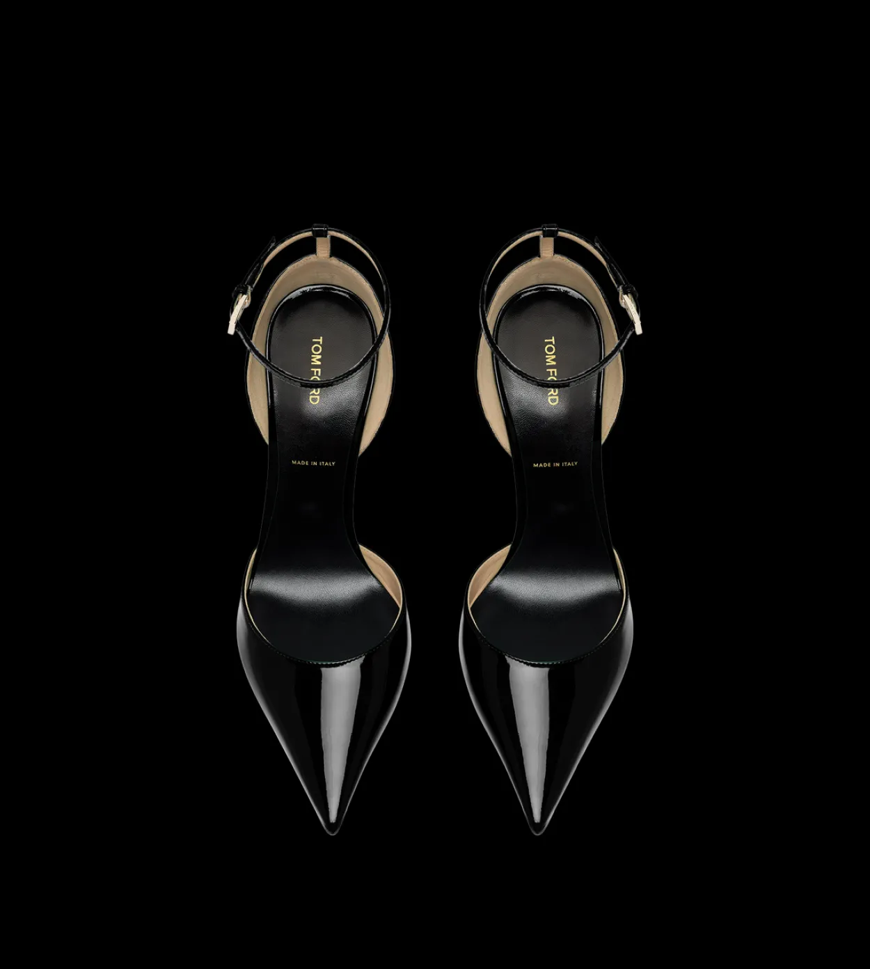 PATENT LEATHER VERTIGO ANKLE STRAP PUMP