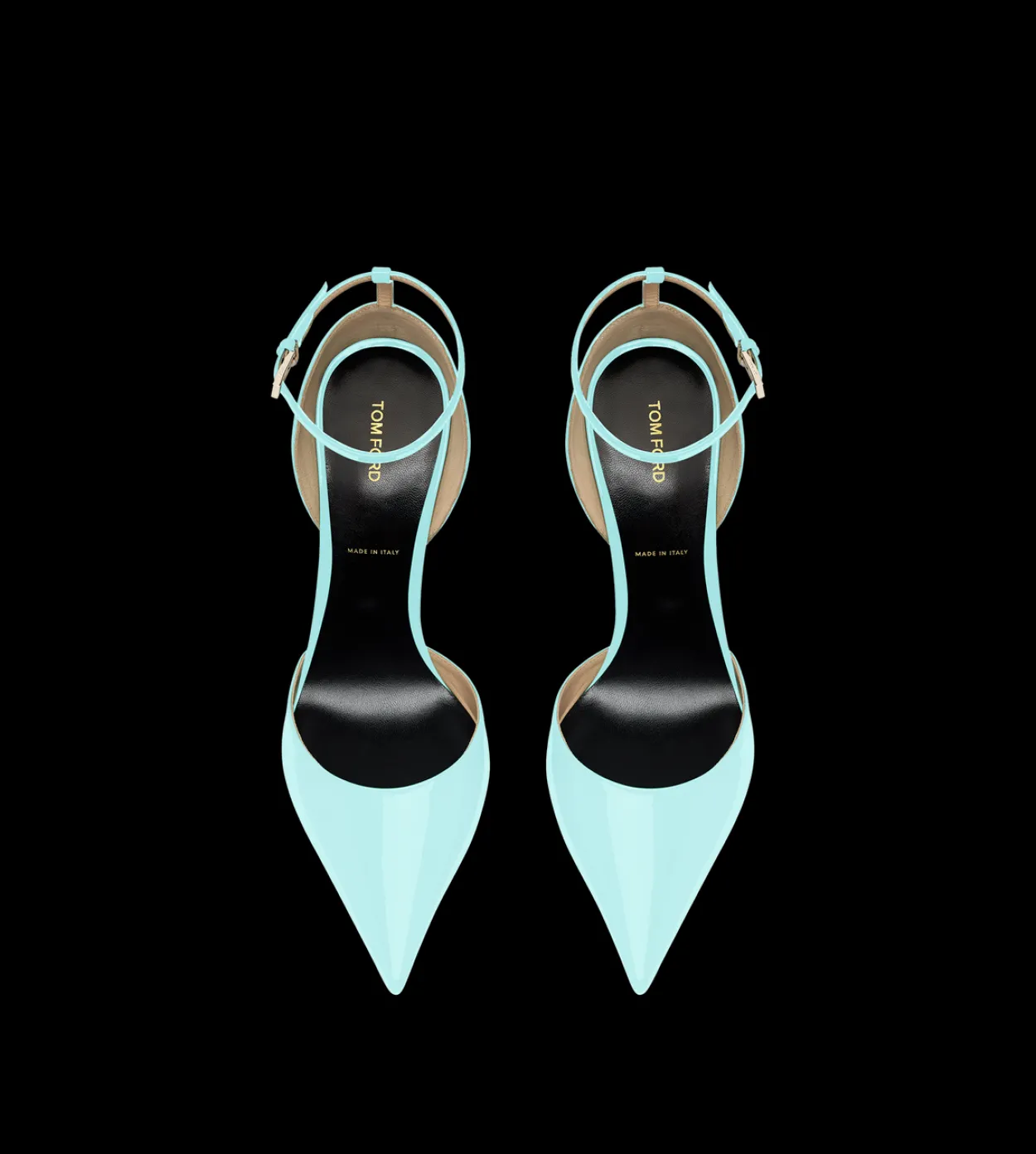 PATENT LEATHER VERTIGO ANKLE STRAP PUMP