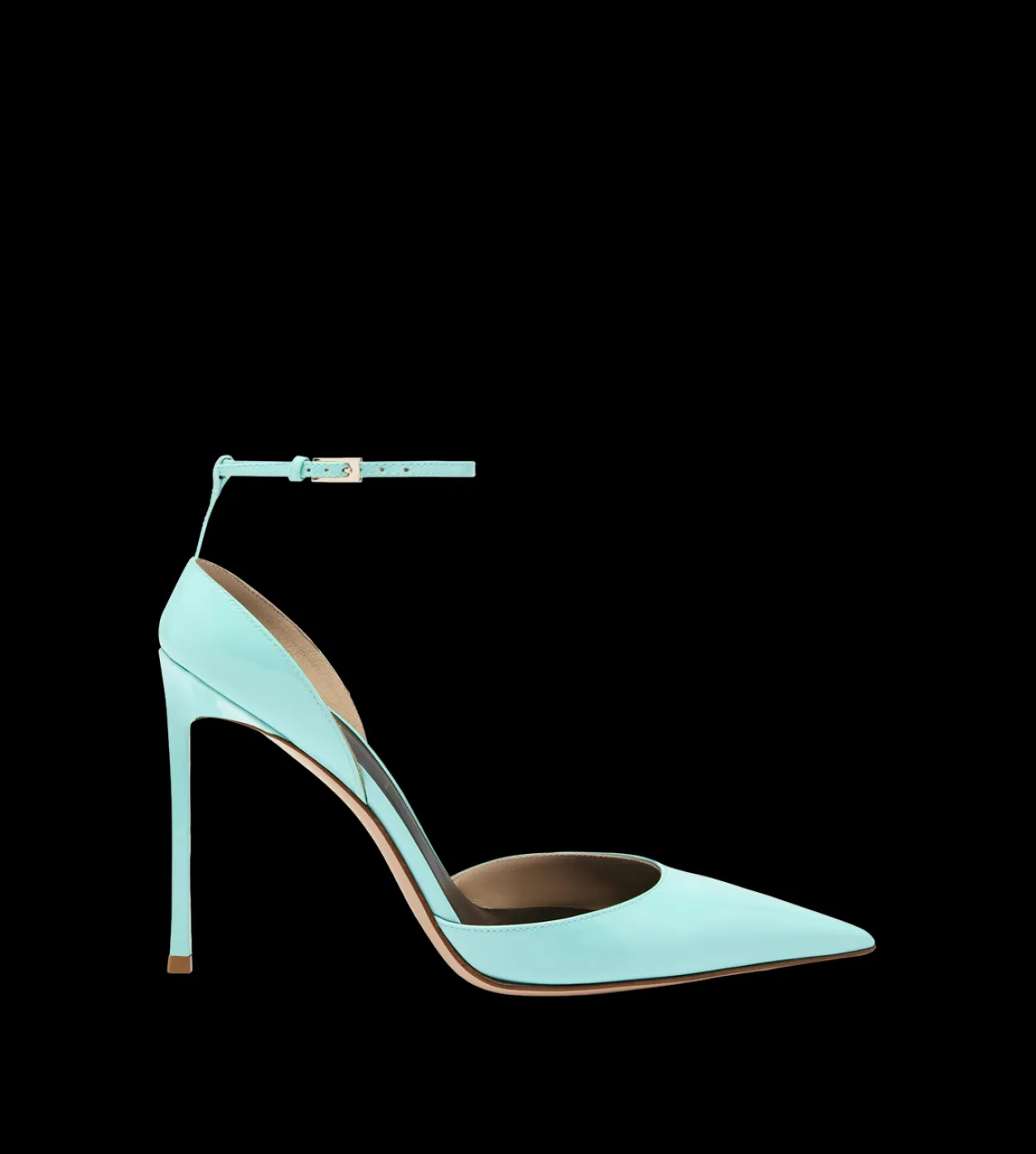 PATENT LEATHER VERTIGO ANKLE STRAP PUMP
