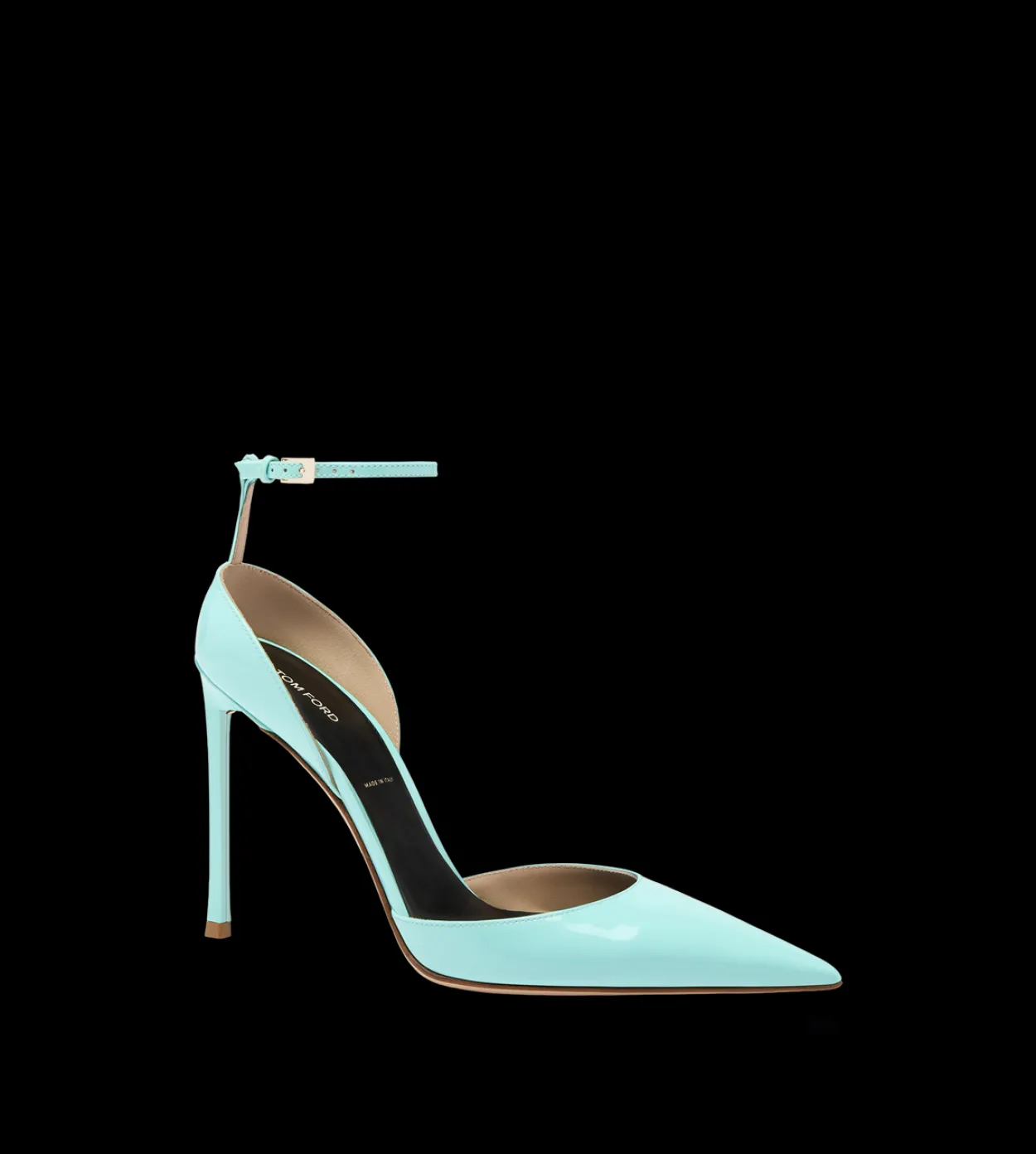 PATENT LEATHER VERTIGO ANKLE STRAP PUMP