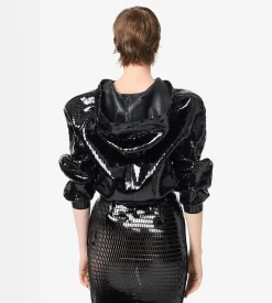 PERFORATED PATENT CALF LEATHER HOODED BOMBER JACKET