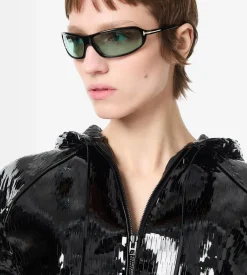 PERFORATED PATENT CALF LEATHER HOODED BOMBER JACKET