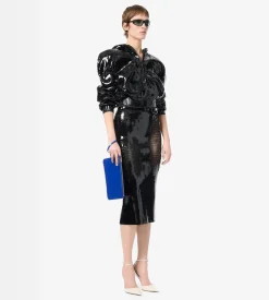 PERFORATED PATENT CALF LEATHER HOODED BOMBER JACKET